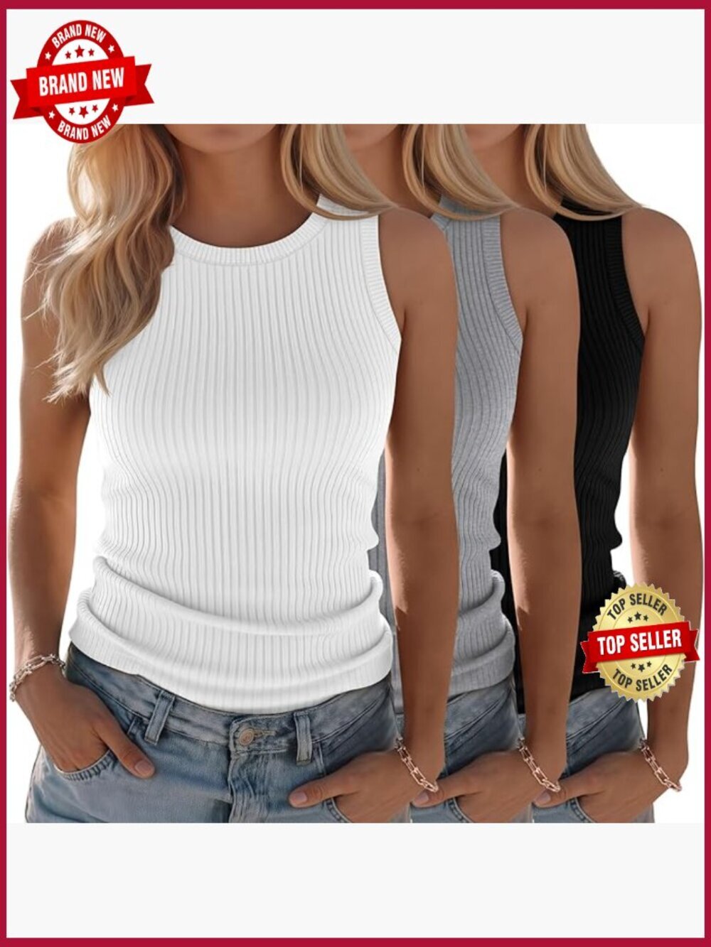 3 Pack Ribbed Tank Tops Sleeveless Casual Knit Slim Fit Crew Neck Basic Tops